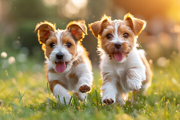 A pair of playful terrier puppies chasing each other through a field of tall grass, tongues lolling happily in the breeze.