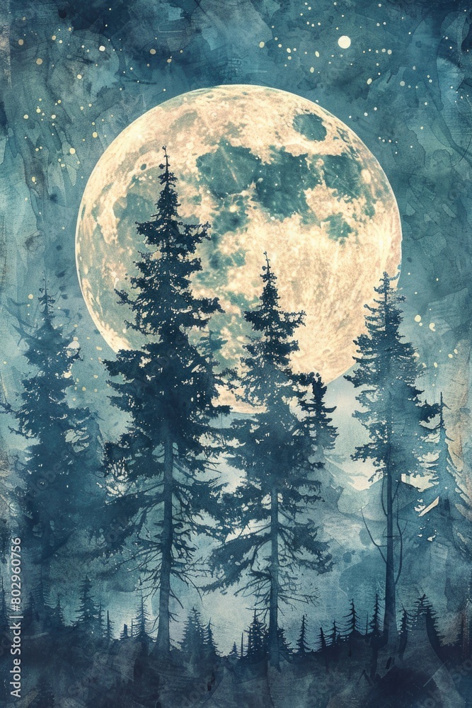 Poster a painting of a full moon shining in a dark forest. suitable for nature and fantasy themes