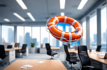 lifebuoy in the world of finance and business, floating in the air with blurred office space background