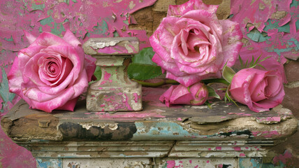 Three pink roses are on a wooden shelf with a green object in the middle