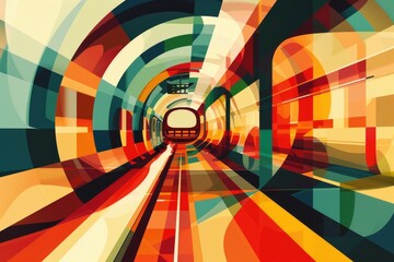 Train traveling through a colorful tunnel, suitable for travel concepts