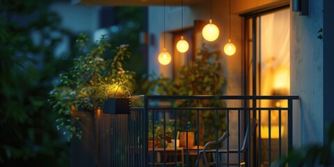 Illuminated balcony with seating area. Perfect for outdoor lifestyle concepts