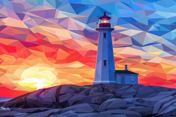 A beautiful lighthouse standing on a rocky shore during sunset. Perfect for coastal and navigation concepts