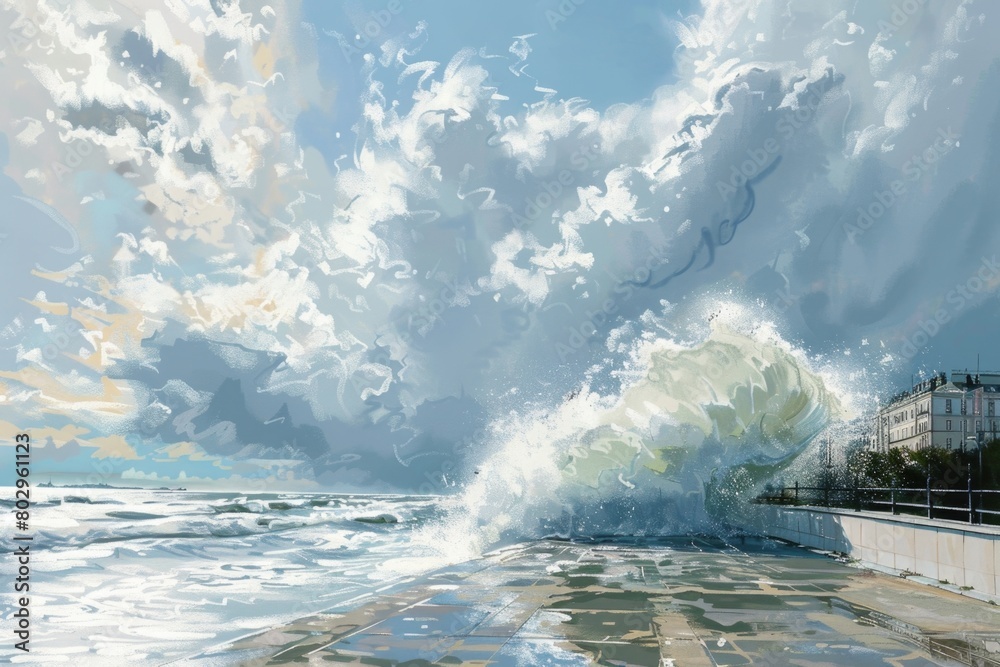 Poster a powerful wave crashing on a sandy beach. suitable for travel and nature concepts