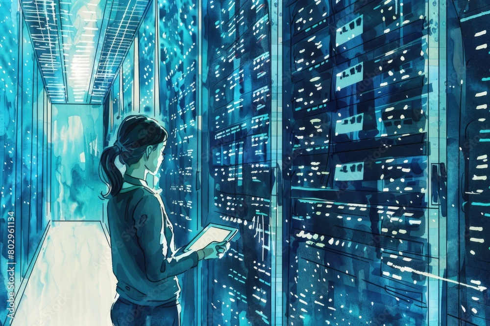 Poster a woman standing in a server room looking at a tablet. ideal for technology and business concepts