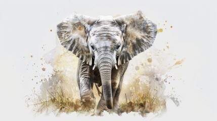 Realistic watercolor painting of an elephant in its natural habitat. Suitable for wildlife enthusiasts and nature lovers