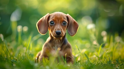 Innocent dachshund puppy with pleading eyes sitting in a field of green grass, epitomizing purity and simplicity