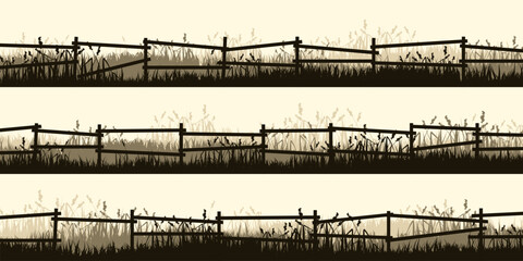 Naklejka premium Meadow silhouettes with grass and old wooden fence. Countryside, panoramic summer lawn rural landscape with herbs, weeds. Herbal border, frame element. Brown horizontal banners. Vector illustration