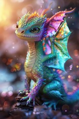 Obraz premium A vibrant dragon perched on a rocky mound, suitable for fantasy themes