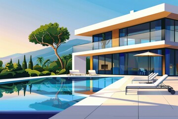 Fototapeta premium A luxurious house with a swimming pool and lounge chairs. Perfect for real estate or travel concepts