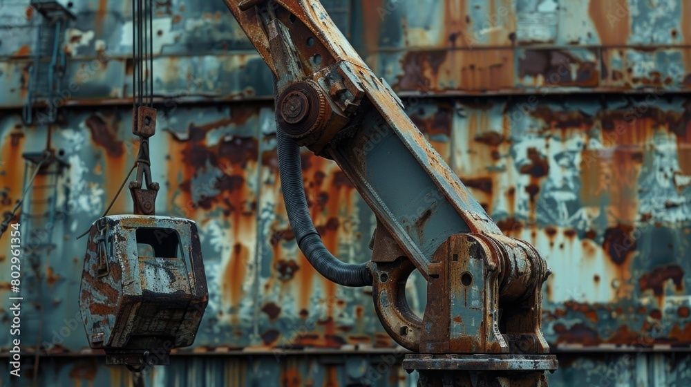 Poster abandoned building with rusty crane, suitable for industrial concepts