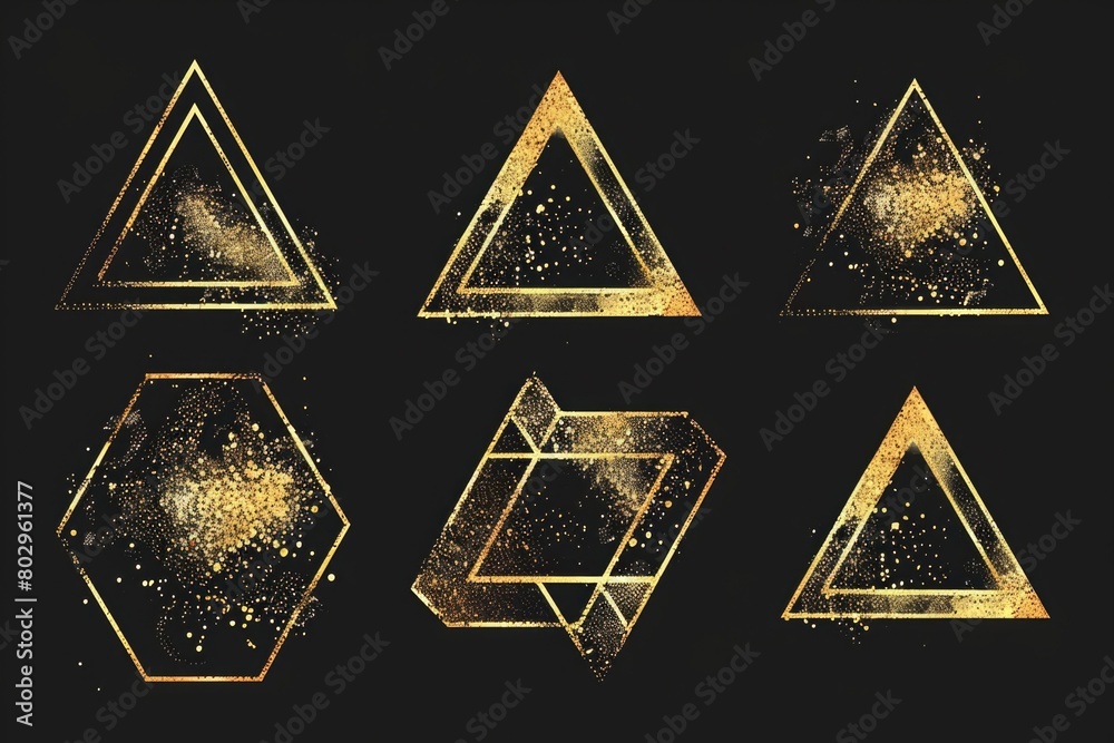 Poster a set of six golden hexagons on a sleek black background. perfect for modern design projects