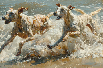 A pair of sleek greyhounds racing each other across a sun-drenched beach, waves crashing in the background.