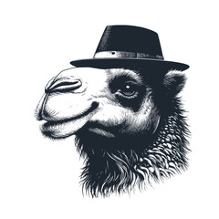 The camel wearing a hat. Black white vector logo illustration.	