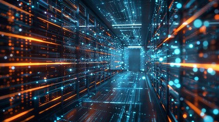 Fototapeta premium Intricate web of cyber connections depicted in a hightech network room, showcasing the complexity of modern technology