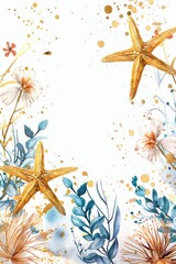 Colorful watercolor painting featuring starfish and flowers. Perfect for nature lovers and beach-themed designs