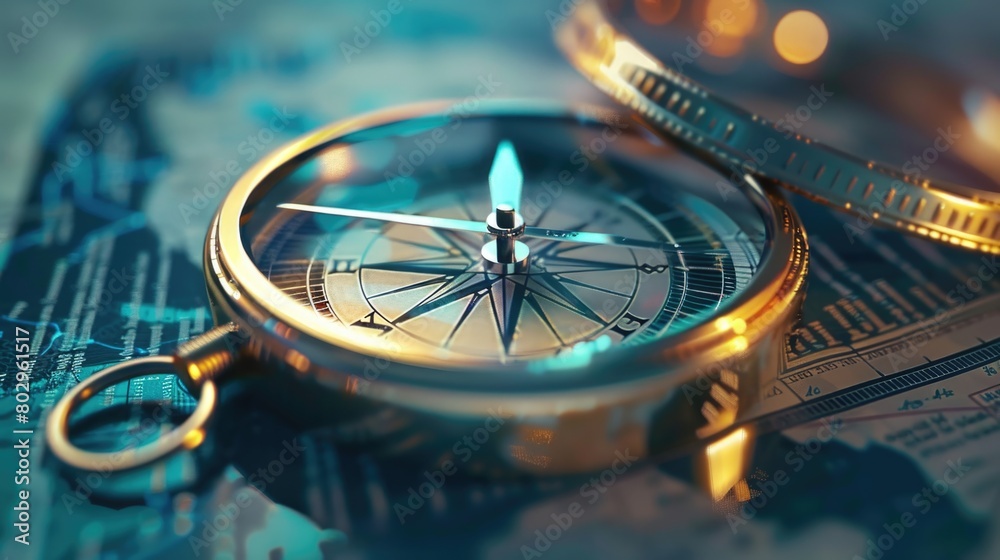 Poster A close up of a compass on a map. Suitable for travel and exploration concepts