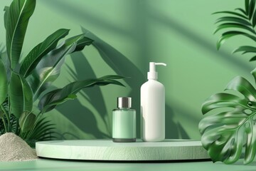A bottle of lotion sitting on a table next to a plant. Suitable for beauty and skincare concepts