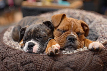 A pair of sleepy bulldog puppies cuddled up together in a cozy dog bed, noses twitching as they dream.