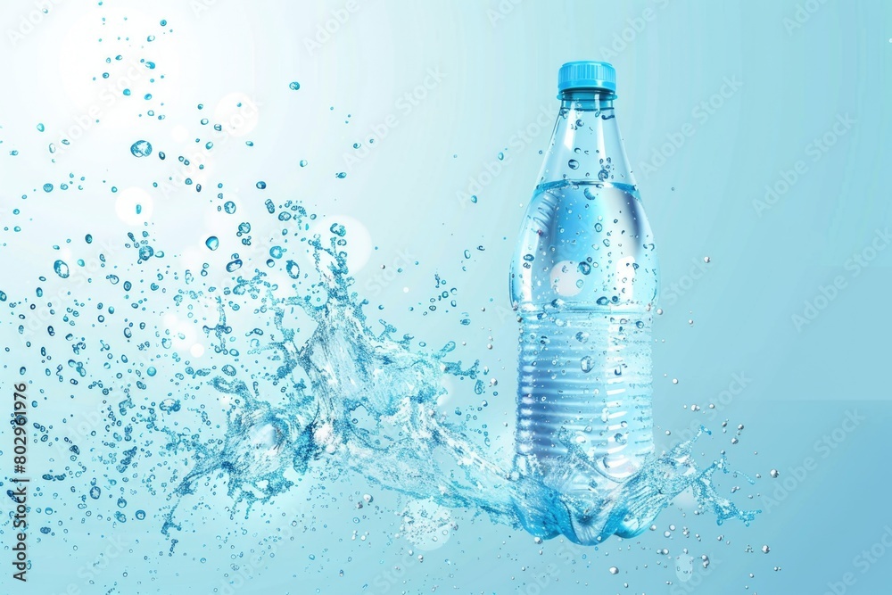 Poster clear water bottle with a splash of water, suitable for hydration and refreshment concepts