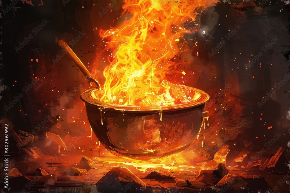 Poster a bowl of fire with a spoon. can be used for abstract concepts or fiery themes