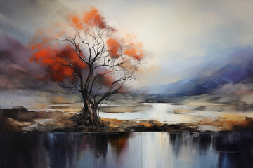 An abstract oil painting of landscape, tree and lake. Art painting, canvas, wall art, modern...