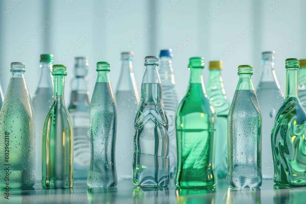 Fototapete A row of empty bottles on a table, suitable for various concepts