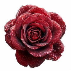 A vibrant red rose in full bloom, dewdrops sparkling on its petals, The background will be pure white, facilitating easy background removal for further use