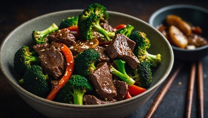 A bowl of beef and broccoli stir fry