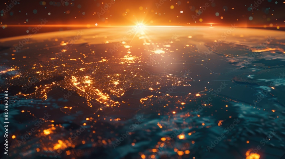 Poster a stunning view of the earth illuminated at night. perfect for science and technology projects