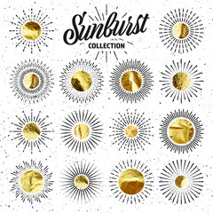 Vintage grunge sunburst sunset beams. Gold foil, shiny handmade circles. Golden glittering texture, pattern. Hand drawn bursting sun, light rays. Logotype, lettering, retro style. Vector illustration
