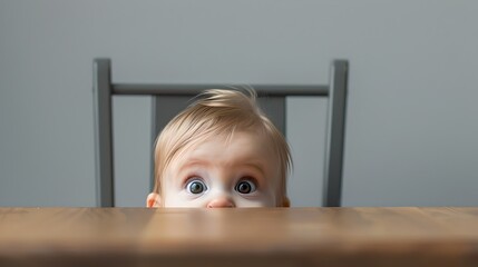 Adorable toddler peeking over table. Curious eyes in plain setting. Perfect for playful themes, minimalism. Cute child expressing wonder and innocence. AI