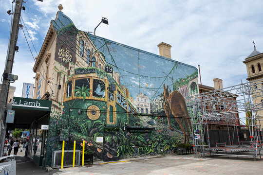 Mural of  tram on Sydney Road, Brunswick. Melbourne, Australia, February 26 2024