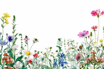 A vibrant field of wildflowers on a clean white background. Perfect for nature-themed designs