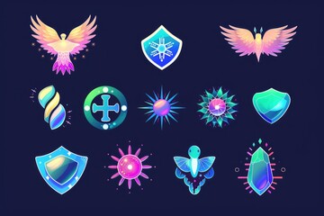 A collection of various colored shields and symbols. Ideal for design projects