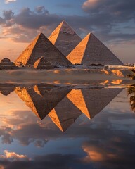 Reflective view at sunset, where the pyramids cast long shadows and reflections across the landscape, connecting the past with the present