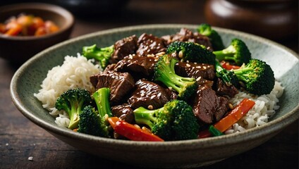 A bowl of beef and broccoli stir fry