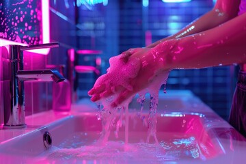 A person washing their hands in a sink. Suitable for hygiene concepts