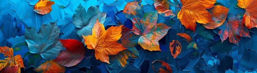 Stylized autumn leaves in an abstract art style, set against a canvas of vibrant blue tones that suggest the coming of winter