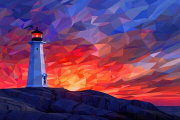 A picturesque painting of a lighthouse on a rocky shore. Ideal for coastal-themed designs