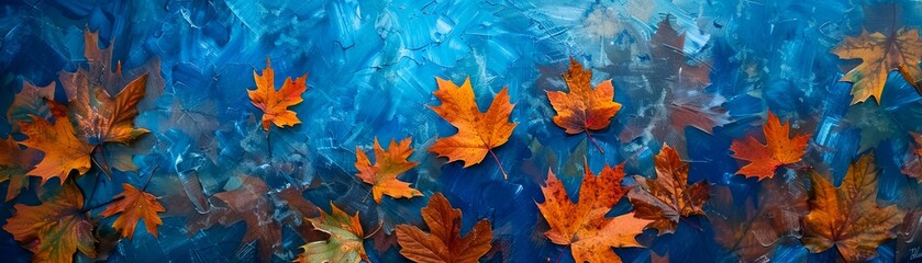 Stylized autumn leaves in an abstract art style, set against a canvas of vibrant blue tones that suggest the coming of winter