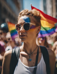 portrait of a women, Among the streets, hundreds of people march with LGBTQ flags in the pride...