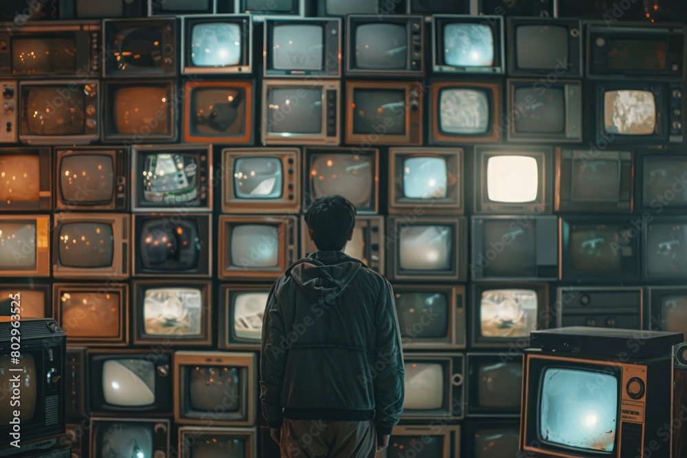 Poster a man standing in front of a wall of televisions. suitable for technology and surveillance concepts