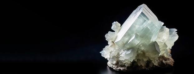 Fluorapophyllite-K is a rare precious natural stone on black background. AI generated. Header banner mockup with space.