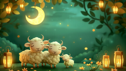 Eid al Adha Mubarak Islamic festival background With moon and goat
