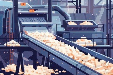 White cubes moving along a conveyor belt, suitable for industrial concepts