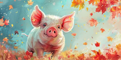 A painting of a pig in a field of leaves, suitable for various design projects