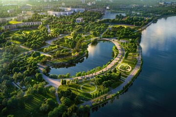 Aerial view of a peaceful park with a beautiful lake. Perfect for nature and outdoor themed designs