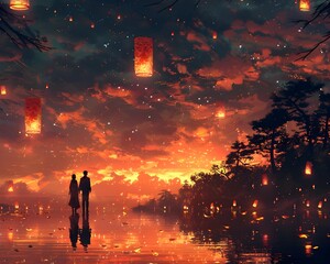 A Romantic Night Sky Filled with Floating Lanterns Celebrating Love and Unity