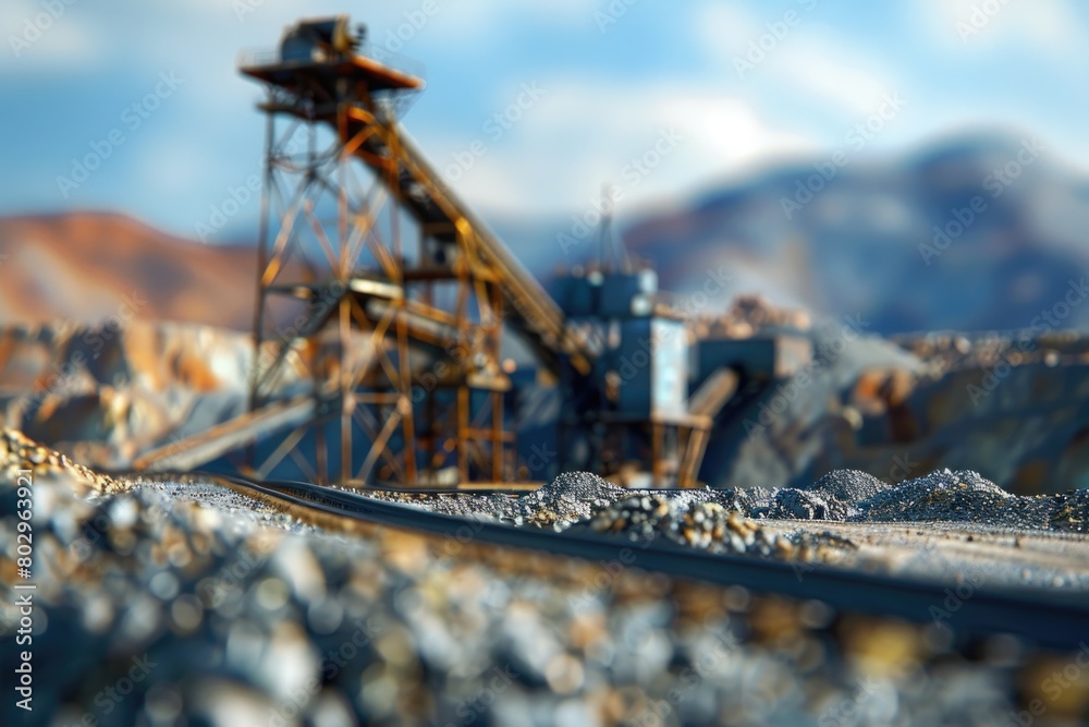 Poster close up of train track with mountain in background. suitable for transportation and travel concepts